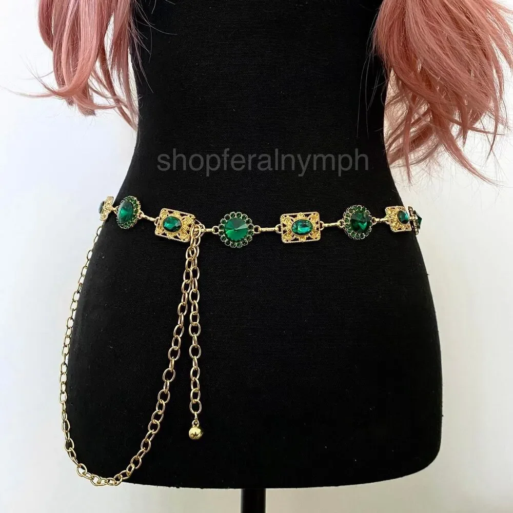 Gold Y2K Emerald Green Jewel Waist Chain Belt, Fits 24.5-51.5 Inches, X7GA1297
